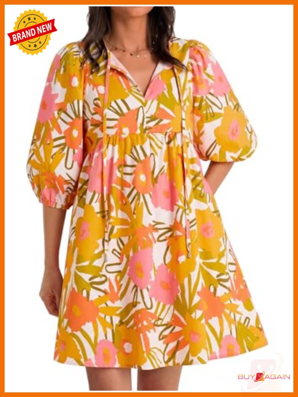 Womens Floral Mini Babydoll Dress Puff Sleeve V-Neck Sundress